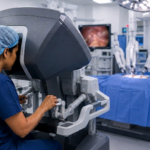 Female surgeon performing robotic-assisted cancer surgery in a modern hospital operating room using advanced robotic surgical technology.