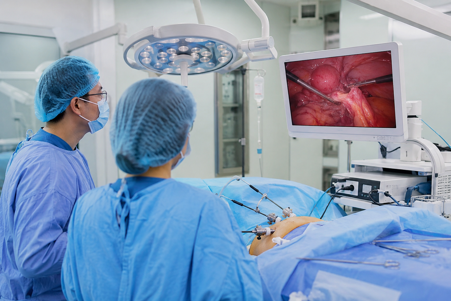 Surgeons performing minimally invasive gynecologic cancer surgery using advanced laparoscopic technology in a modern operating room.