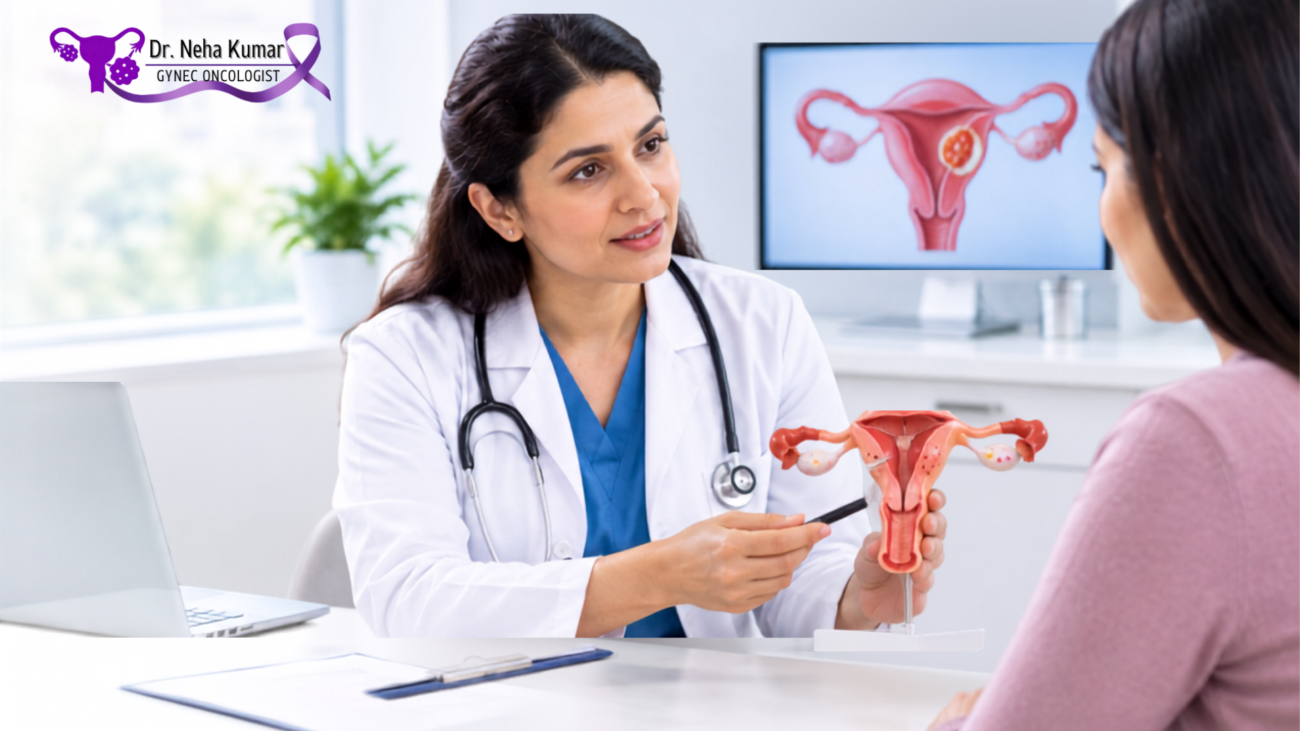 Gynecologic oncologist explaining uterine (endometrial) cancer using a uterus model during a patient consultation