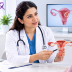 Gynecologic oncologist explaining uterine (endometrial) cancer using a uterus model during a patient consultation
